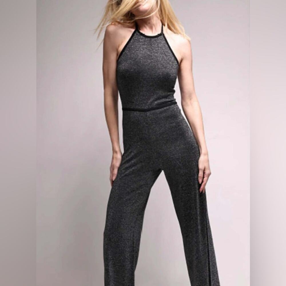 Minnie Rose Lurex Halter Jumpsuit Silver Black NEW NWT Small